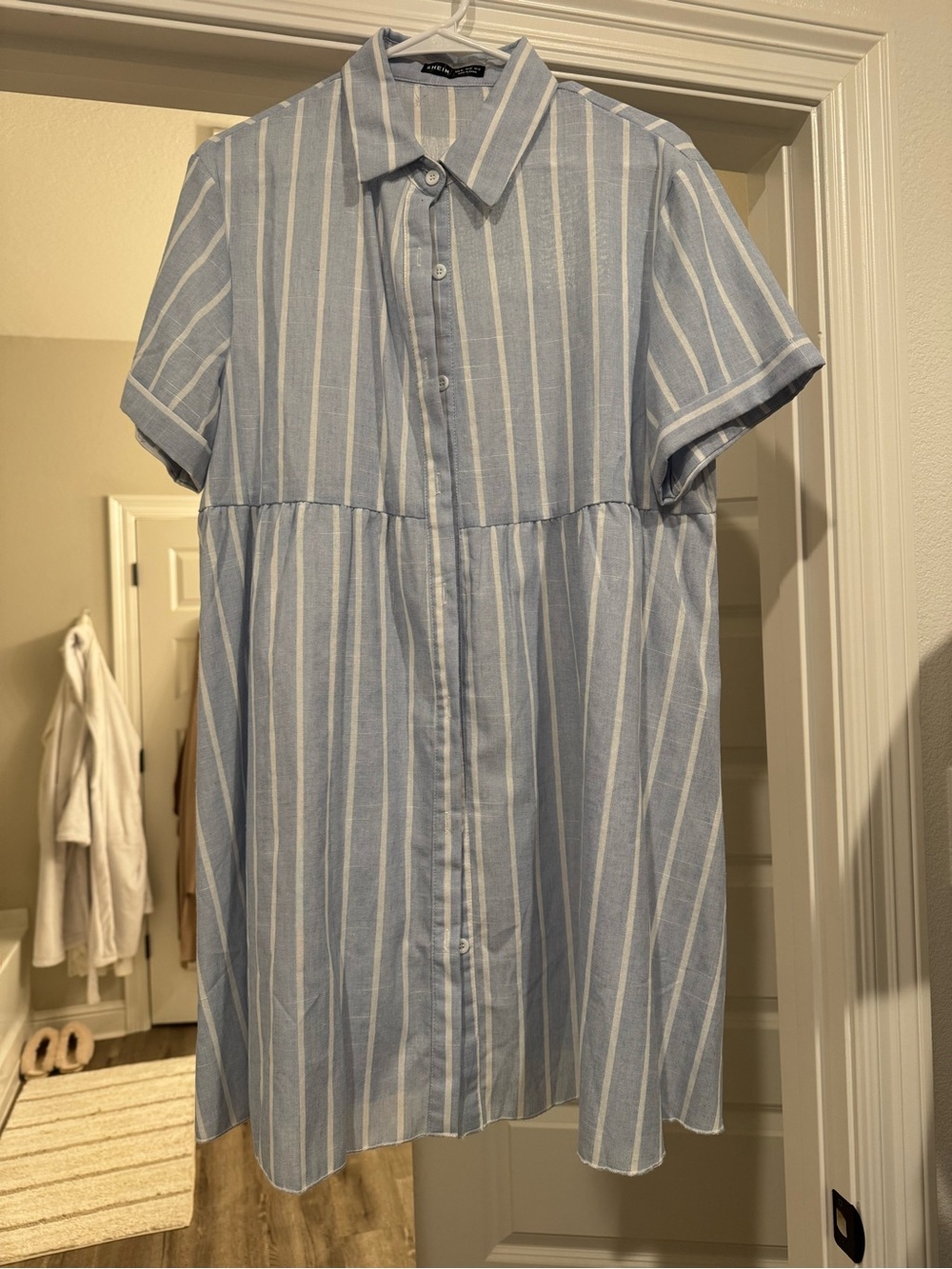 Light Blue Striped Short-Sleeve Button-Up Dress
